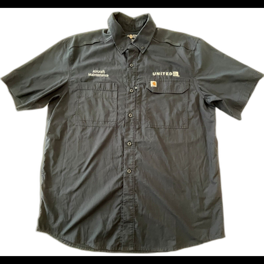 Carhartt United Aircraft Maintenance Work Navy Blue Shirt Relaxed Fit Size Large